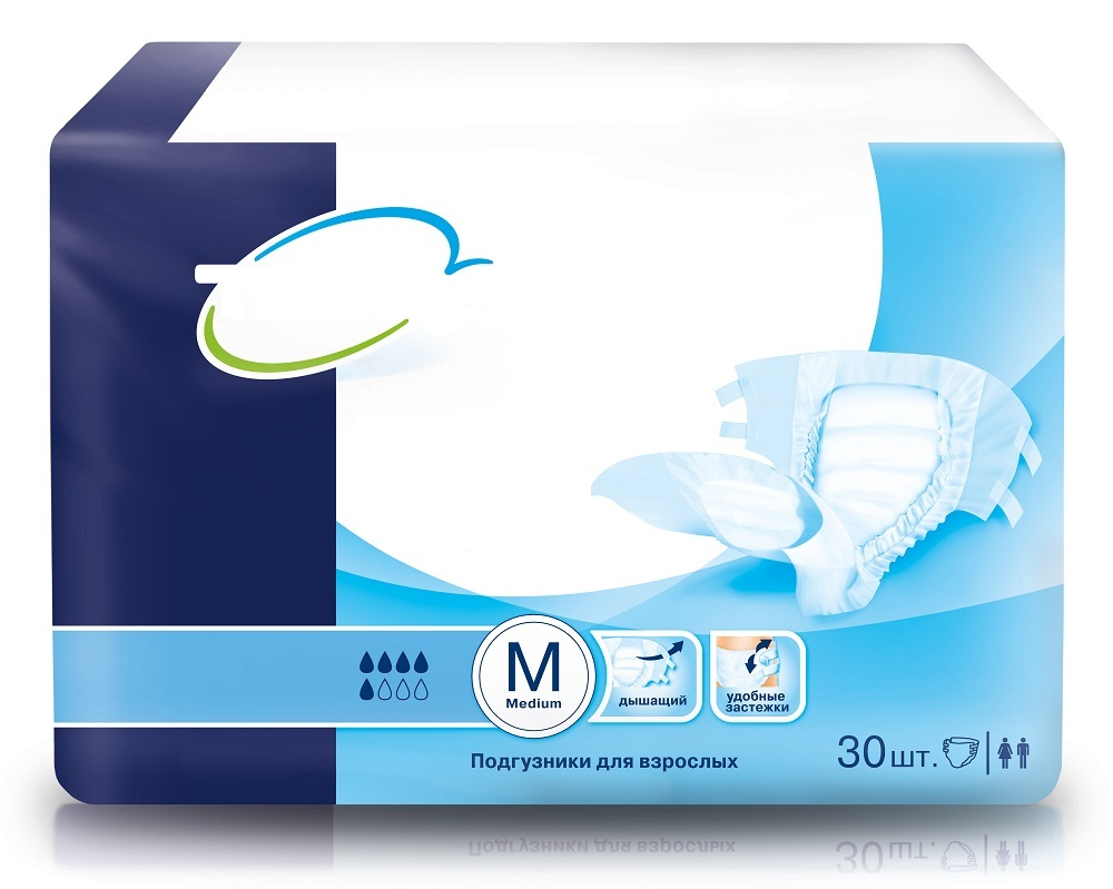 Подгузники для взрослых, размер "М", с полным влагопоглощением не менее 1800 г